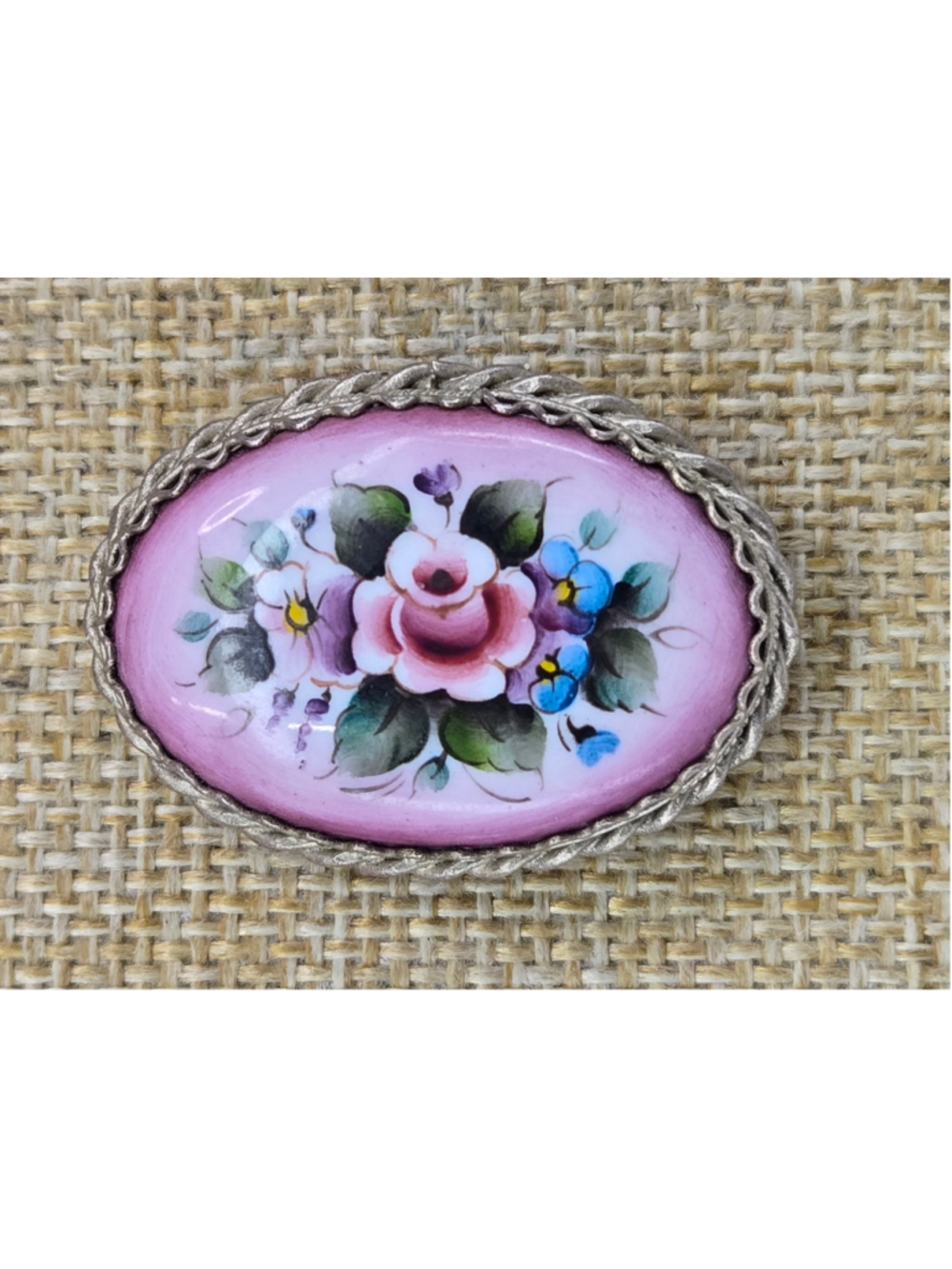 Antique Vintage Victorian Floral Brooch Pin Enamel Silvertone Filigree Floral